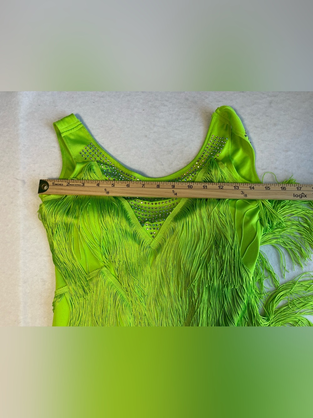 Neon Lime Green Latin Salsa Ballroom Fringe Rhinestone Dance Dress | S/M - Picture 7 of 9
